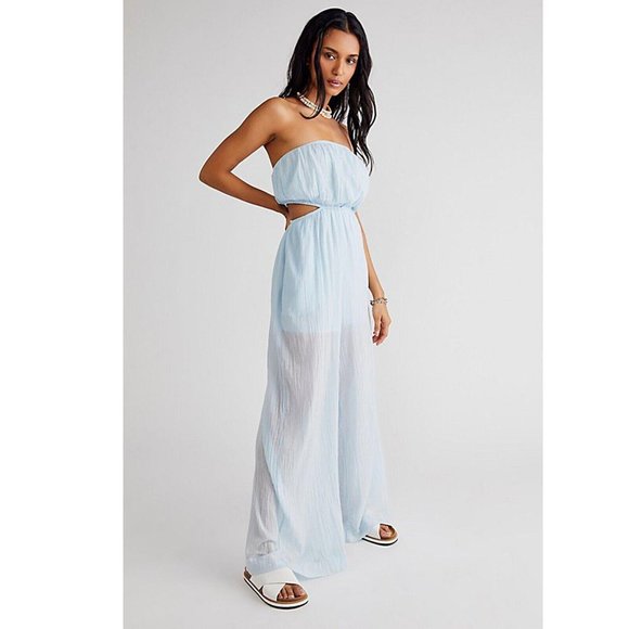 Free People Free-est Cut Out For It Jumpsuit Dress Tube Blue Smocked M - Picture 1 of 4